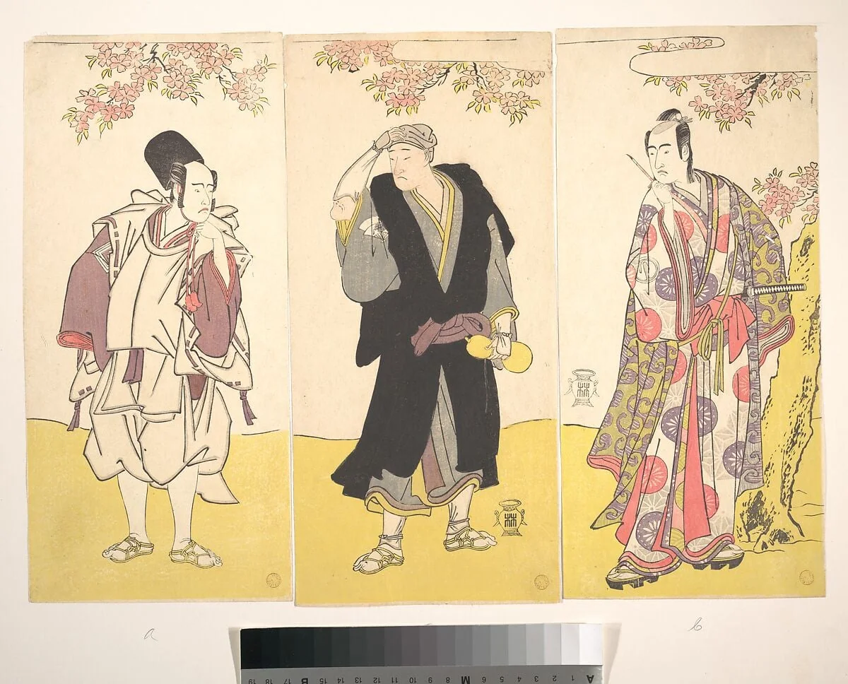 三代目市川八百藏・初代目尾上松助・三代目澤村宗十郎|Kabuki Actors Ichikawa Yaozō III, Onoe Matsusuke I, and Sawamura Sōjūrō III, by Katsukawa Shunshō, ink, 11