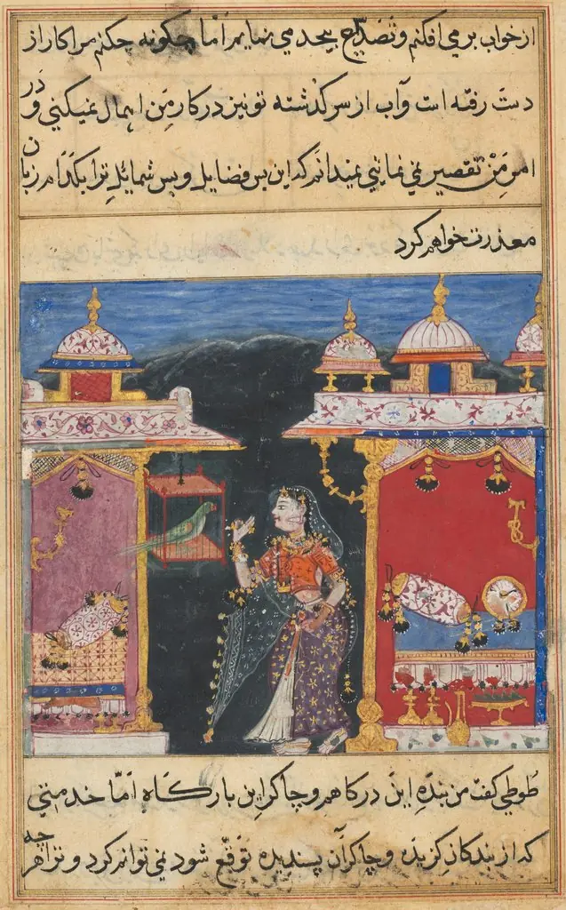 The Parrot Addresses Khujasta at the Beginning of the Seventh Night, from a Tuti-nama (Tales of a Parrot)