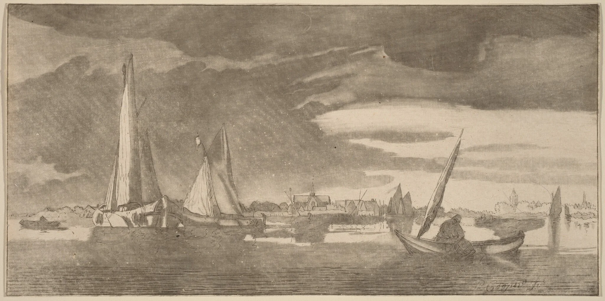 River with Town, by Jacobus Buys, ink, 1775