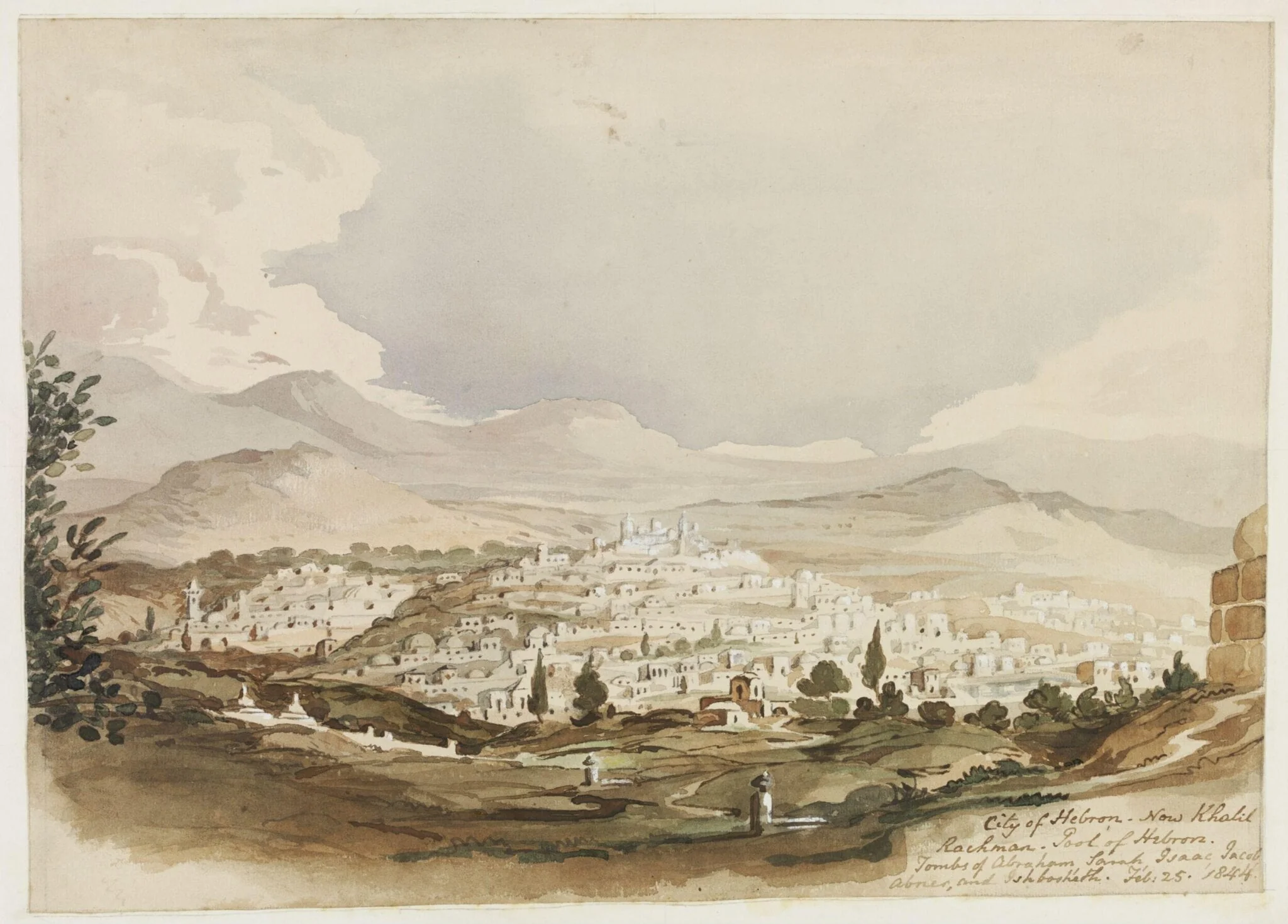 City of Hebron - Now Khalil Rachman - Pool of Hebron.  Tombs of Abraham, Sarah, Isaac, Jacob, Abner, and Ishbosheth, by Unknown, watercolor, 1844