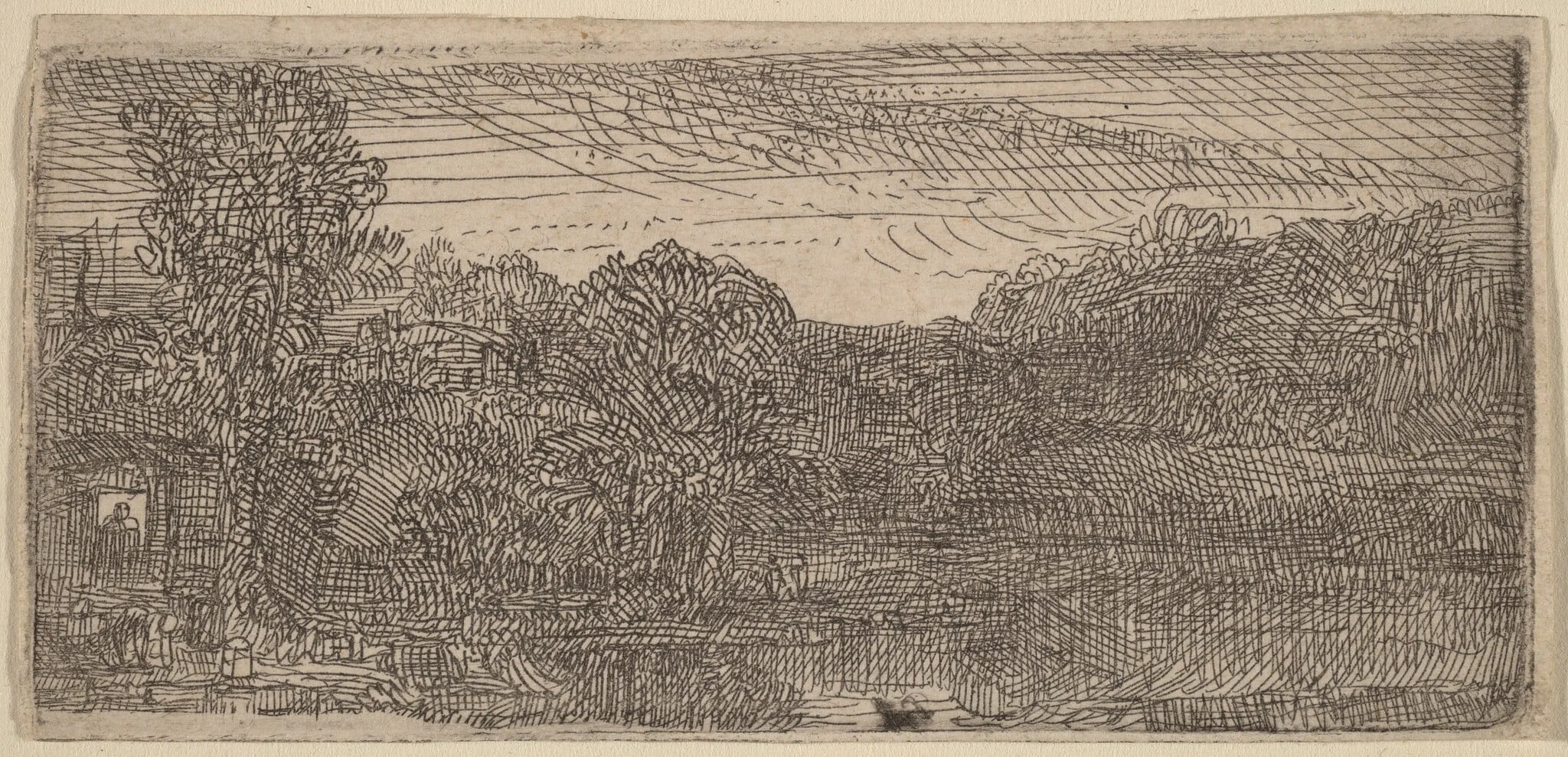Small Gray Landscape: a House and Trees beside a Pool, by Rembrandt, ink, 1640