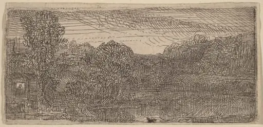 Small Gray Landscape: a House and Trees beside a Pool