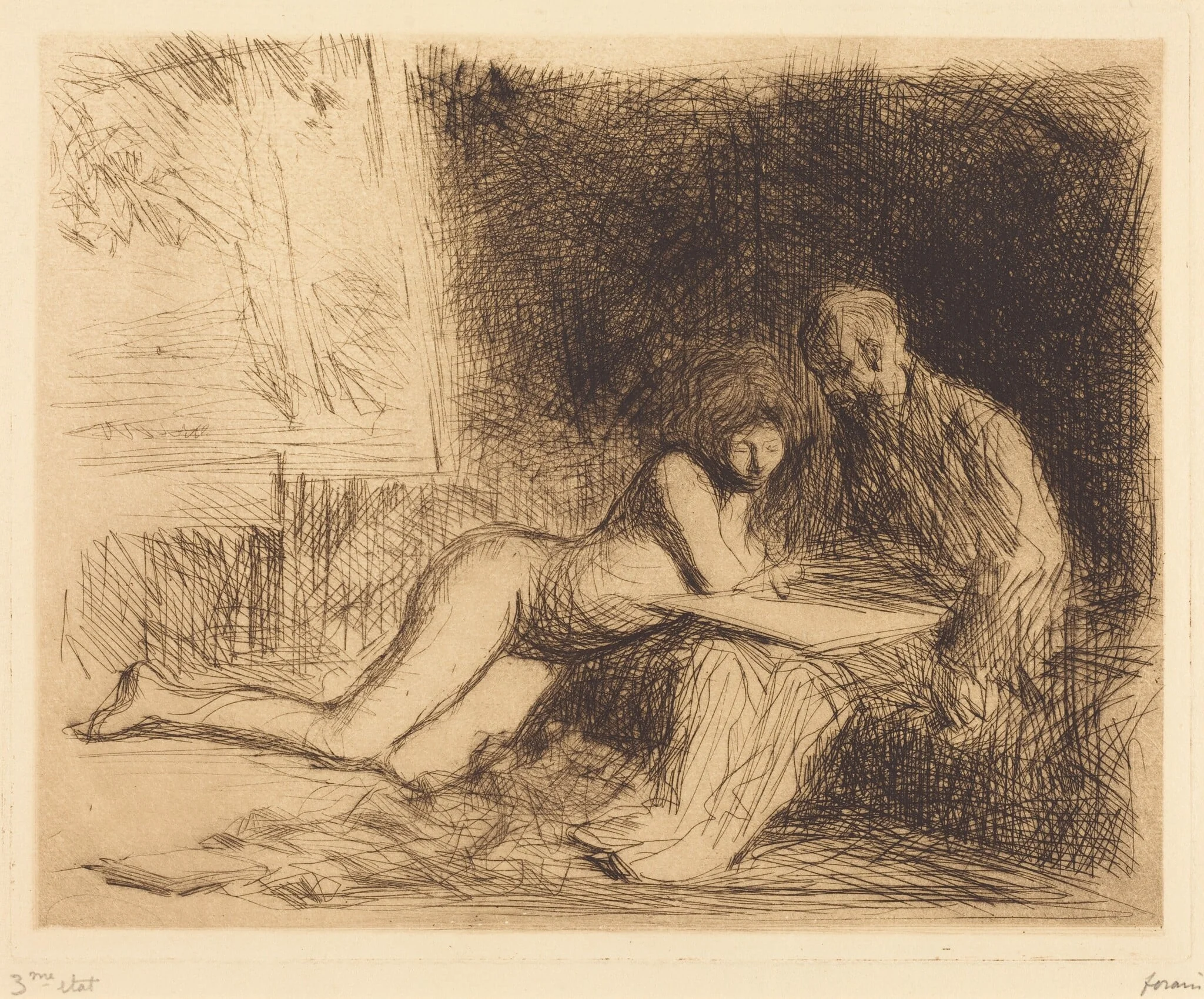 Le repos du modèle (4e planche) (The Model's Rest) (fourth plate), by Jean-Louis Forain, ink, 1909