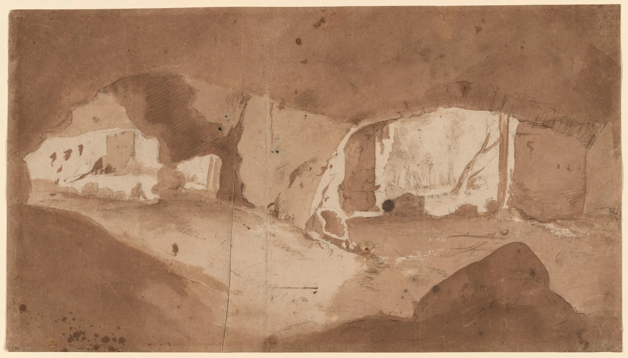 A Grotto (The Stables of the Villa Maecenas, Tivoli?), by Francis Place, graphite, 1700