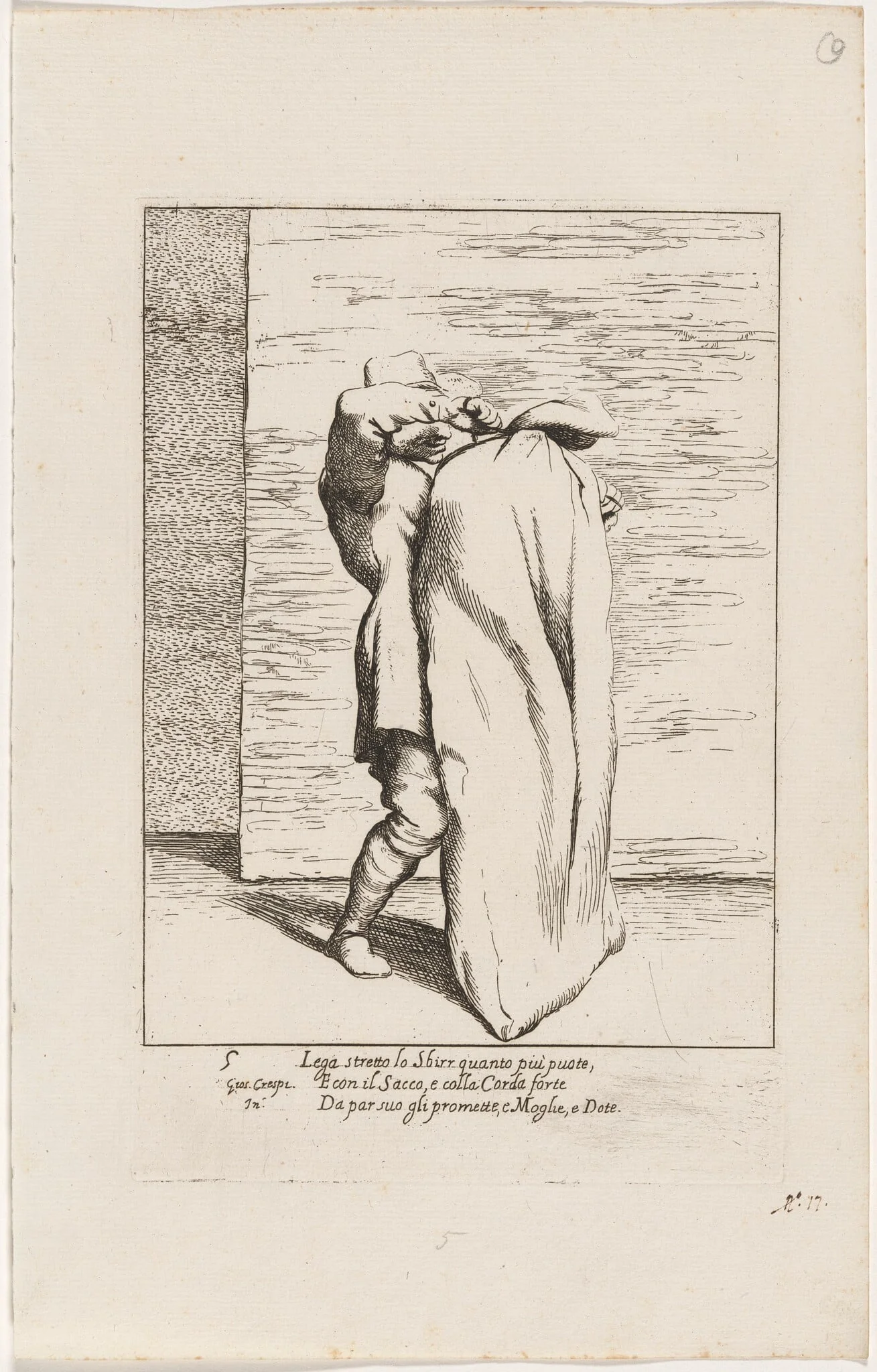 Bertoldo Placing the Jailer in the Sack, by Giuseppe Maria Crespi, ink, 1712