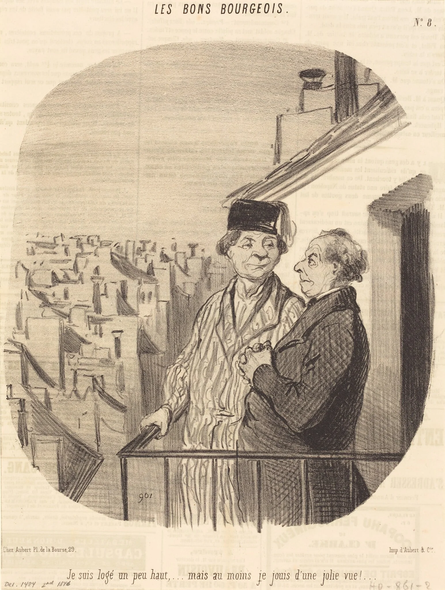 Je suis logé un peu haut... mais... je jouis d'une jolie vue!, by Honoré Daumier, ink, 1846