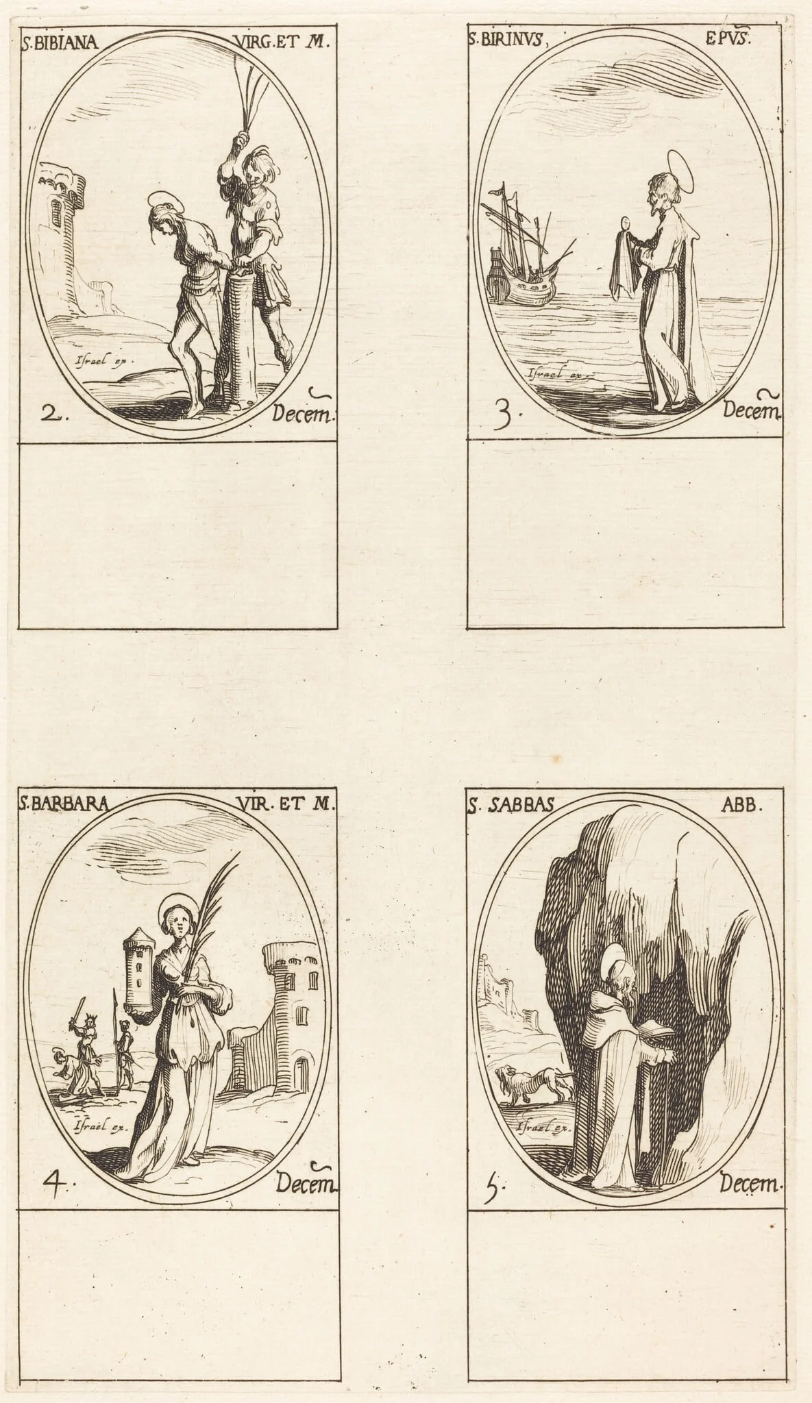 St. Bibiana; St. Birinus; St. Barbara; St. Sabbas, by Jacques Callot, ink, 1634