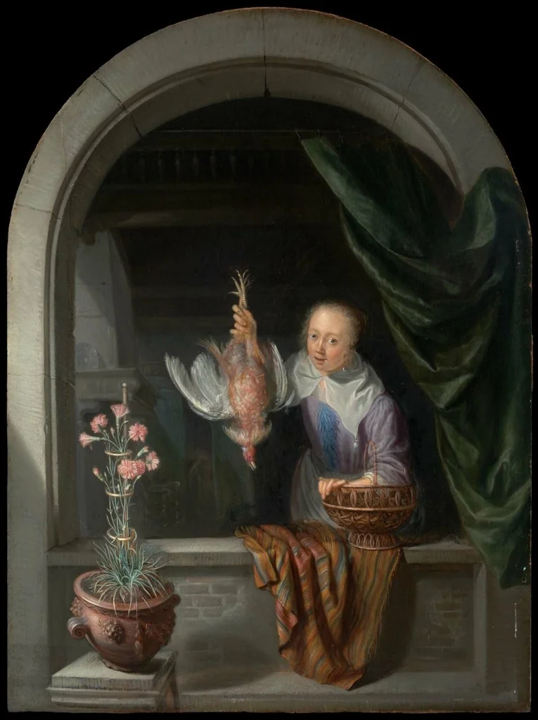 Woman in a Window, Holding a Dead Fowl, by Domenicus van Tol, unspecified, 1665