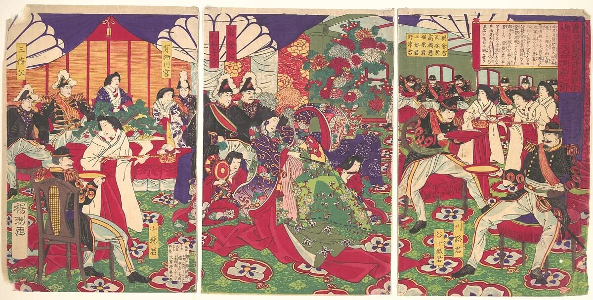 『鹿児島賊徒鎮静依諸将 天杯頂戴之図』|Leaders of the Pacification of the Kagoshima Rebels Celebrating with Cups of Wine from the Emperor (Kagoshima zokuto chinsei ni yotte shoshō tenhai chōdai no zu), by Yōshū (Hashimoto) Chikanobu, ink, 20