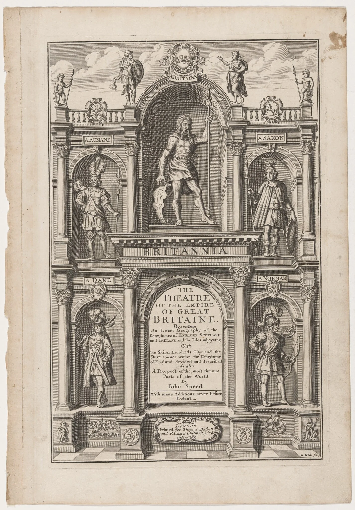 Title Page to "The Theatre of the Empire of Great Britaine" by John Speed, by Robert White, ink, 1676
