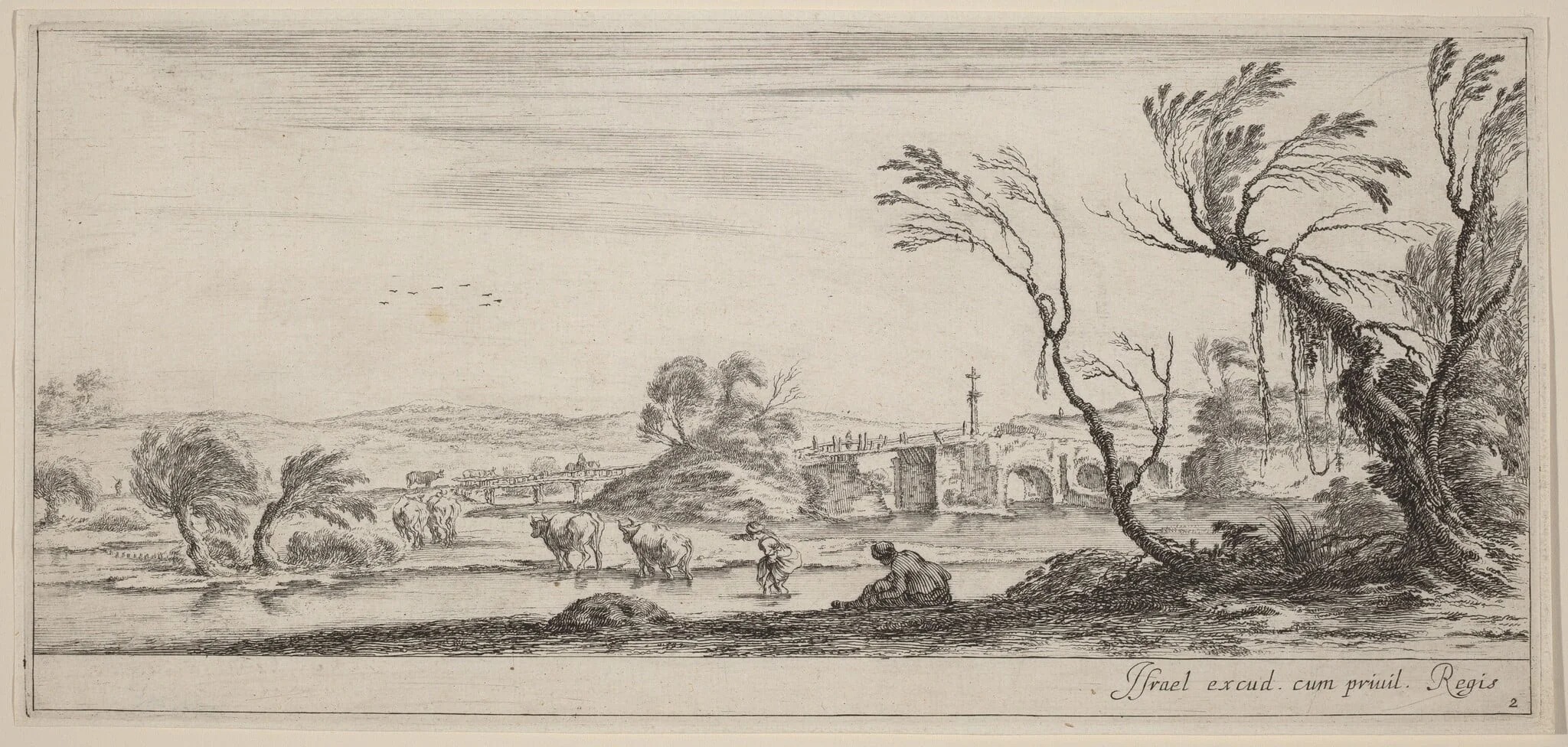 Landscape with Peasant Preparing to Cross a Stream, by Stefano Della Bella, ink, 1647