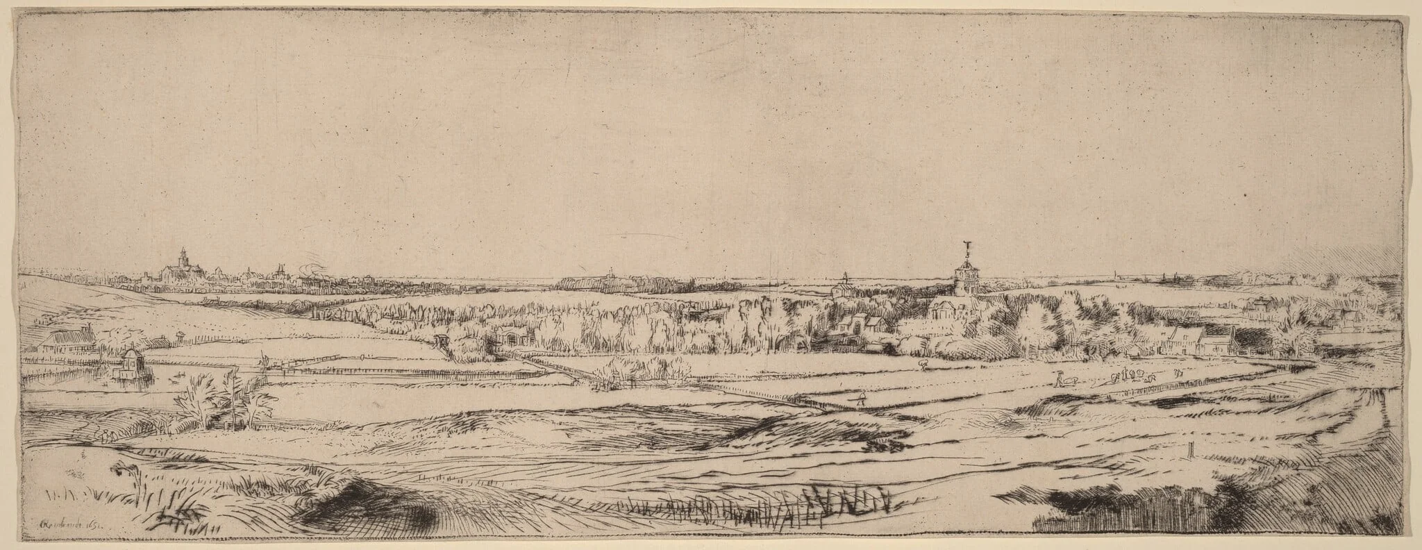 Landscape with a View toward Haarlem (The Goldweigher's Field), by Rembrandt, ink, 1651