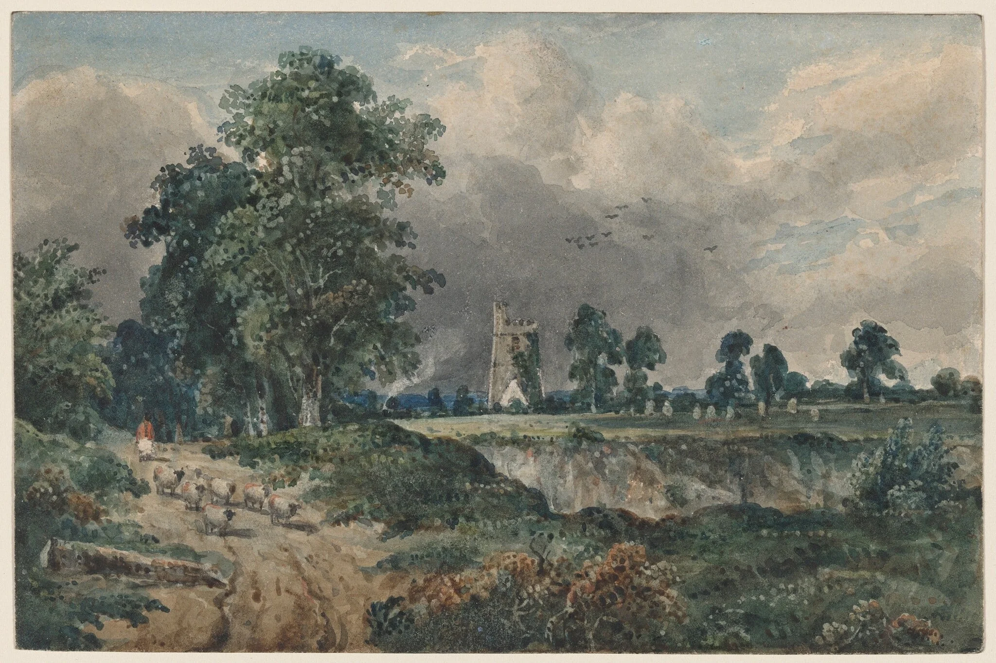 A Drover with Sheep, a Church Beyond, by Frederick William Watts, watercolor, 1846