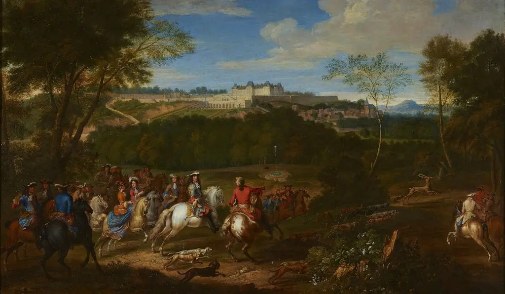 Louis XIV and his Court hunting in view of the castle of Meudon.