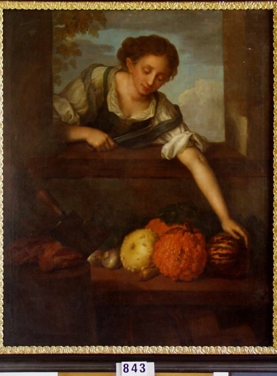 Fată cu cuțit de bucătărie, by Michelangelo zis Campidoglio Pace, unspecified