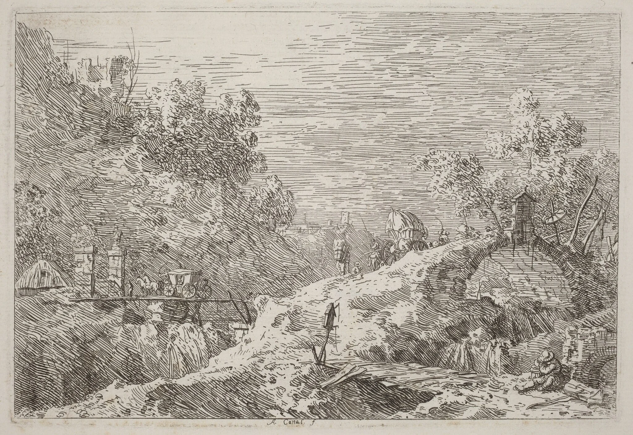 Mountain Landscape with Five Bridges, by Canaletto, ink, 1740