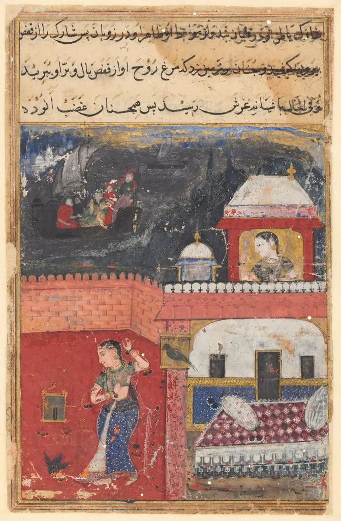 Khujasta kills the pet mynah who advises her not to be unfaithful to Maymun, her husband, from a Tuti-nama (Tales of the Parrot): First Night