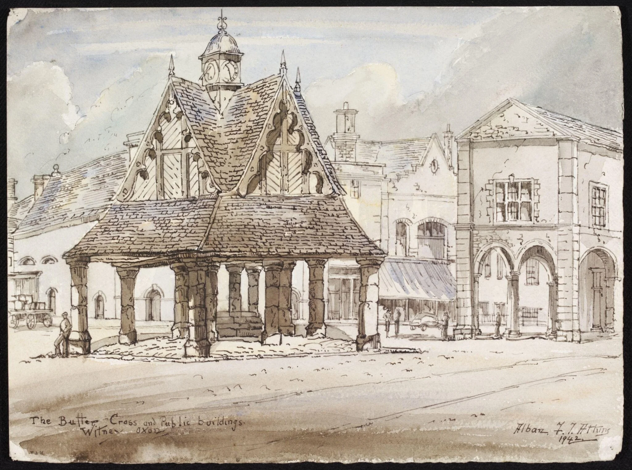 The Butter Cross and Public Buildings, Witney, by Atkins, watercolor, 1942