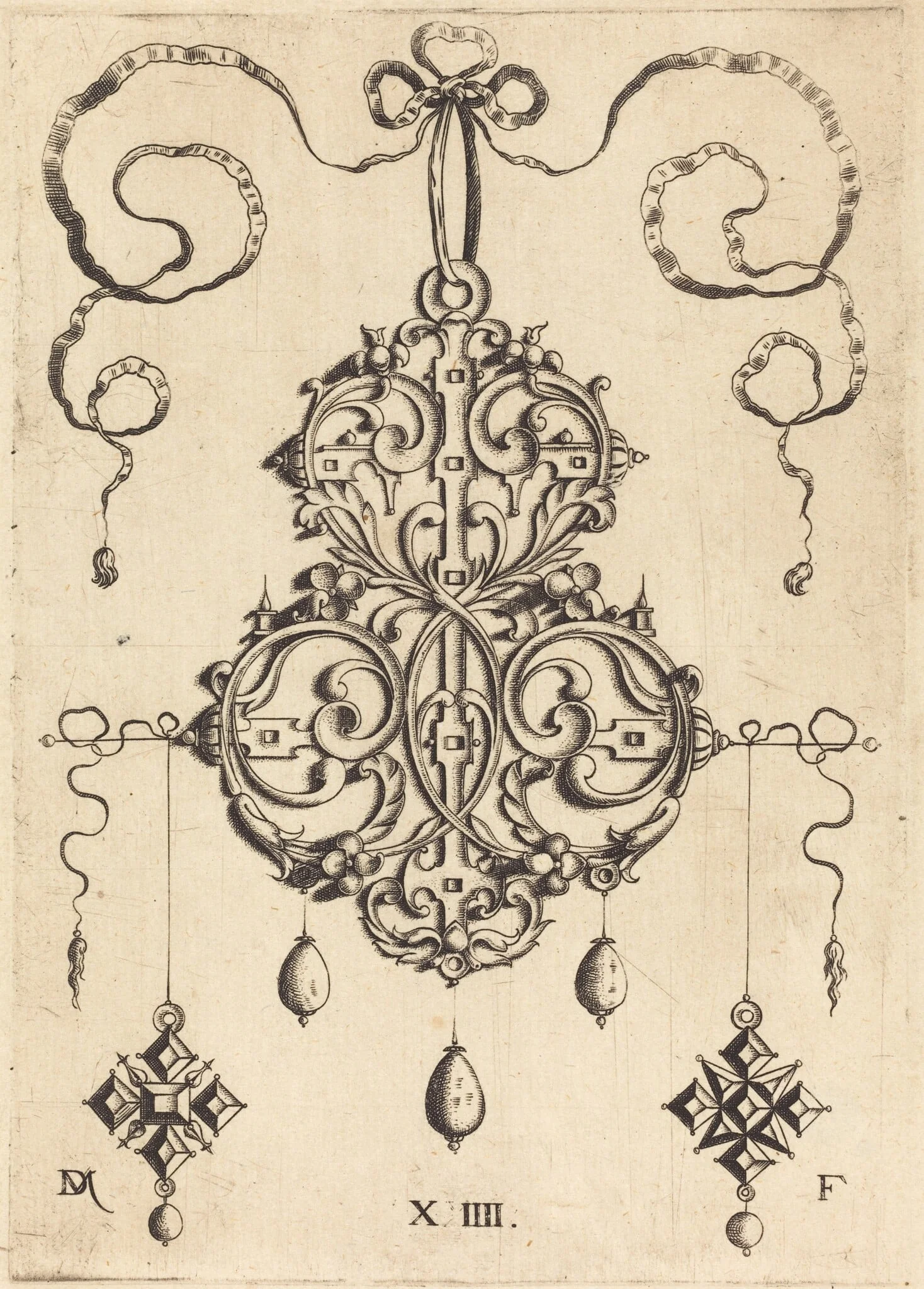 Strapwork Pendant with Three Drops and Two Cross-Shaped Pendants as Earrings at Left and Right