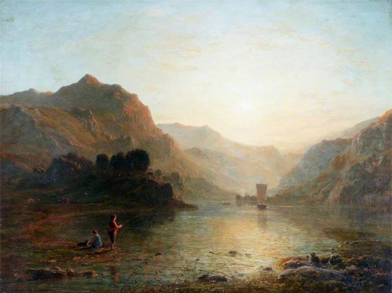 Lake and Mountain Scene with a Boy Fishing