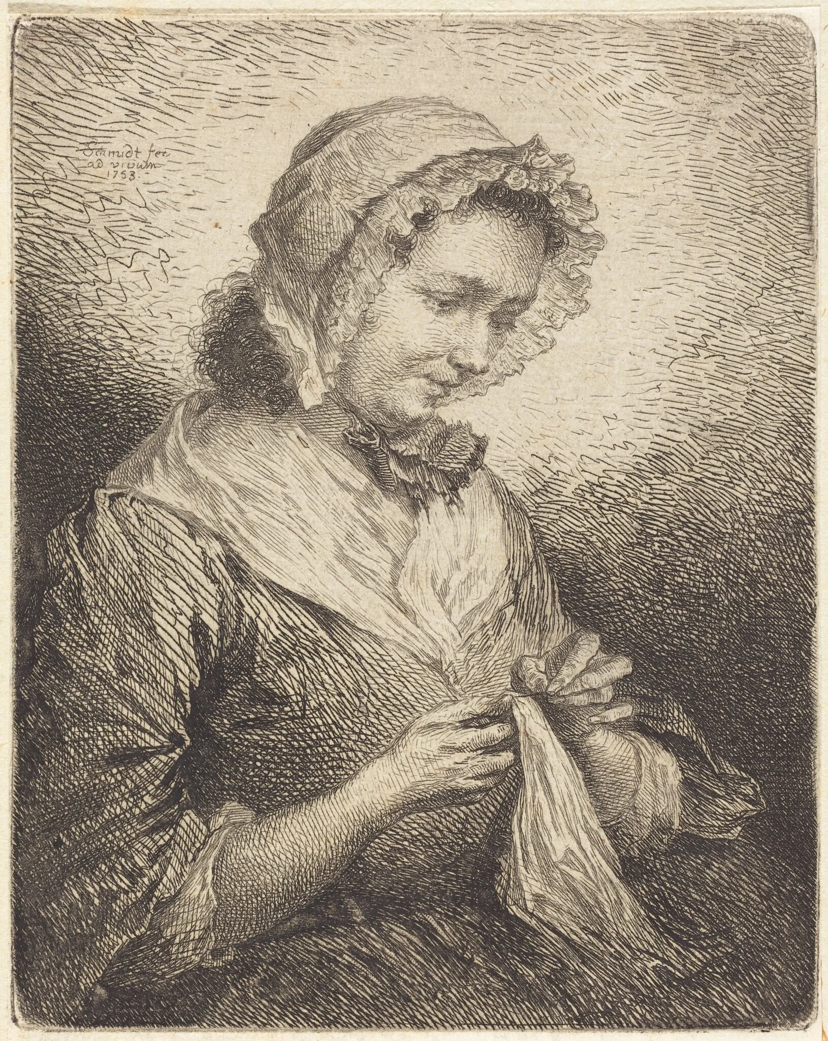 The Artist's Wife Sewing, by Georg Friedrich Schmidt, ink, 1753