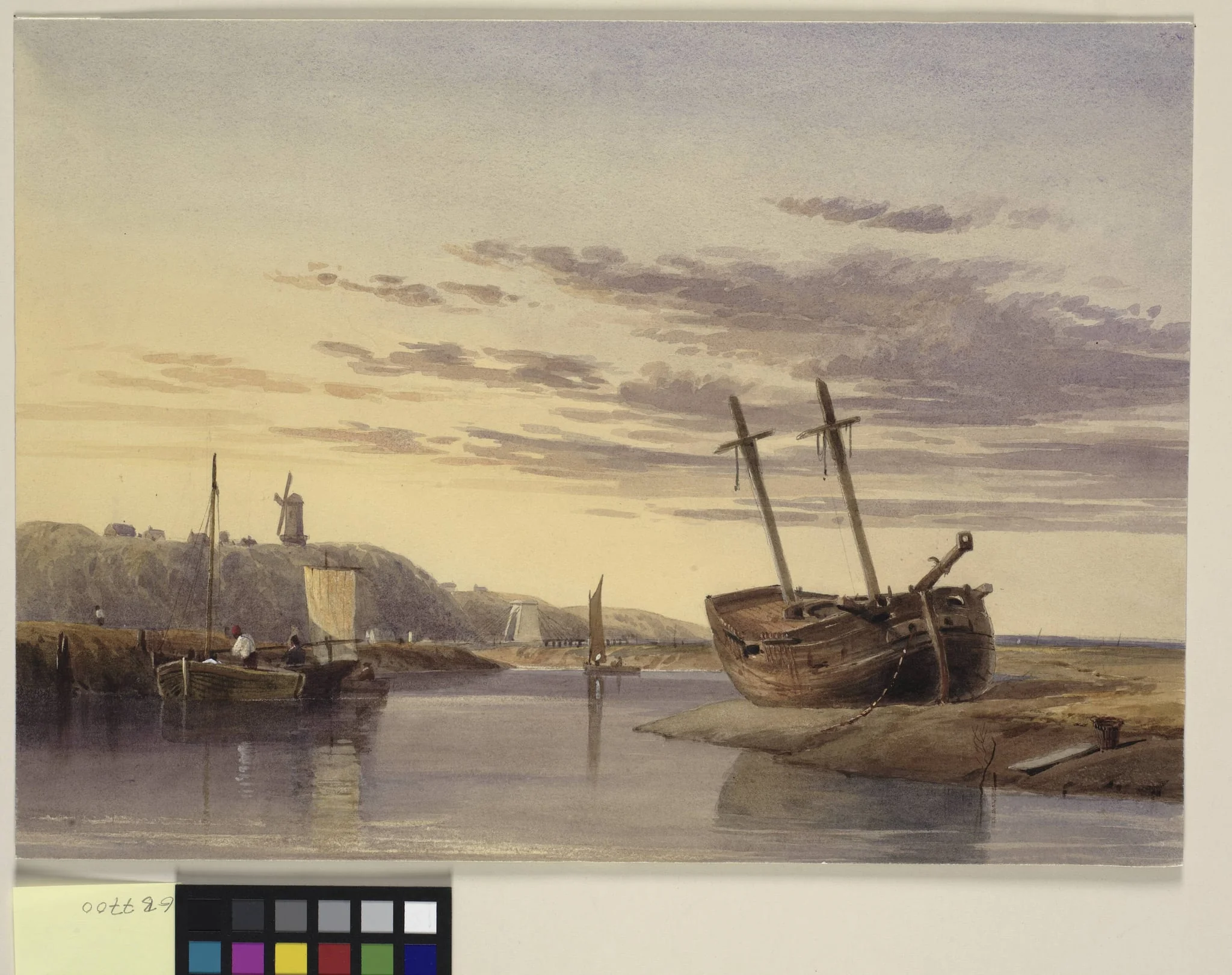 Fishing boats in Rye Harbour, with a windmill in the distance, by Unknown, unspecified, 1850