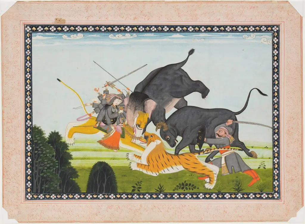 Durga Fighting an Elephant, Bull and Tiger