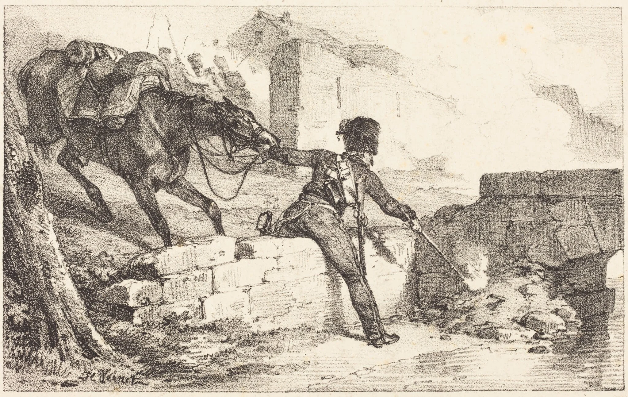 Artilleryman Lighting a Mine, by Horace Vernet, ink, 1826