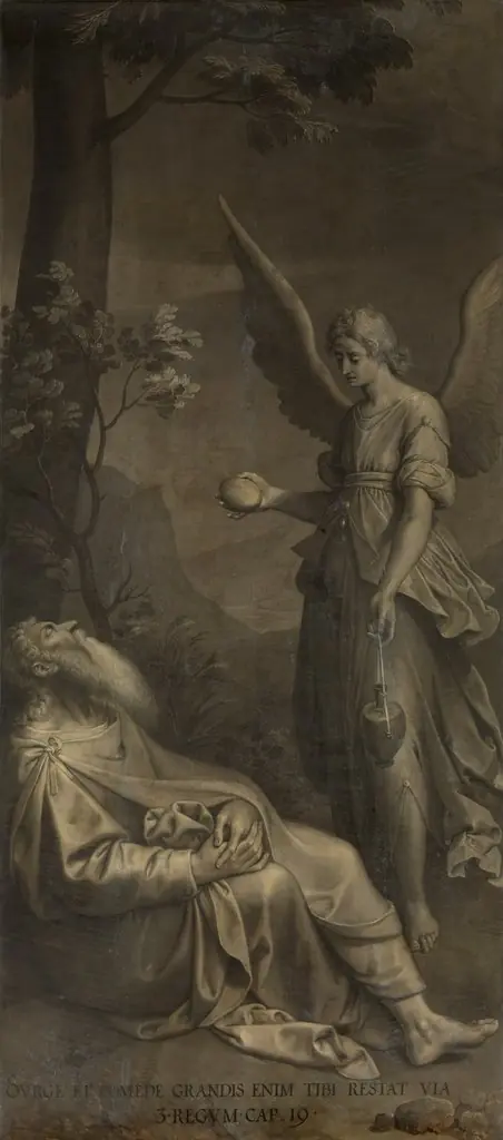 The prophet  Elijah awakened by the angel on Mount Horeb (I Kings 19:5-6)