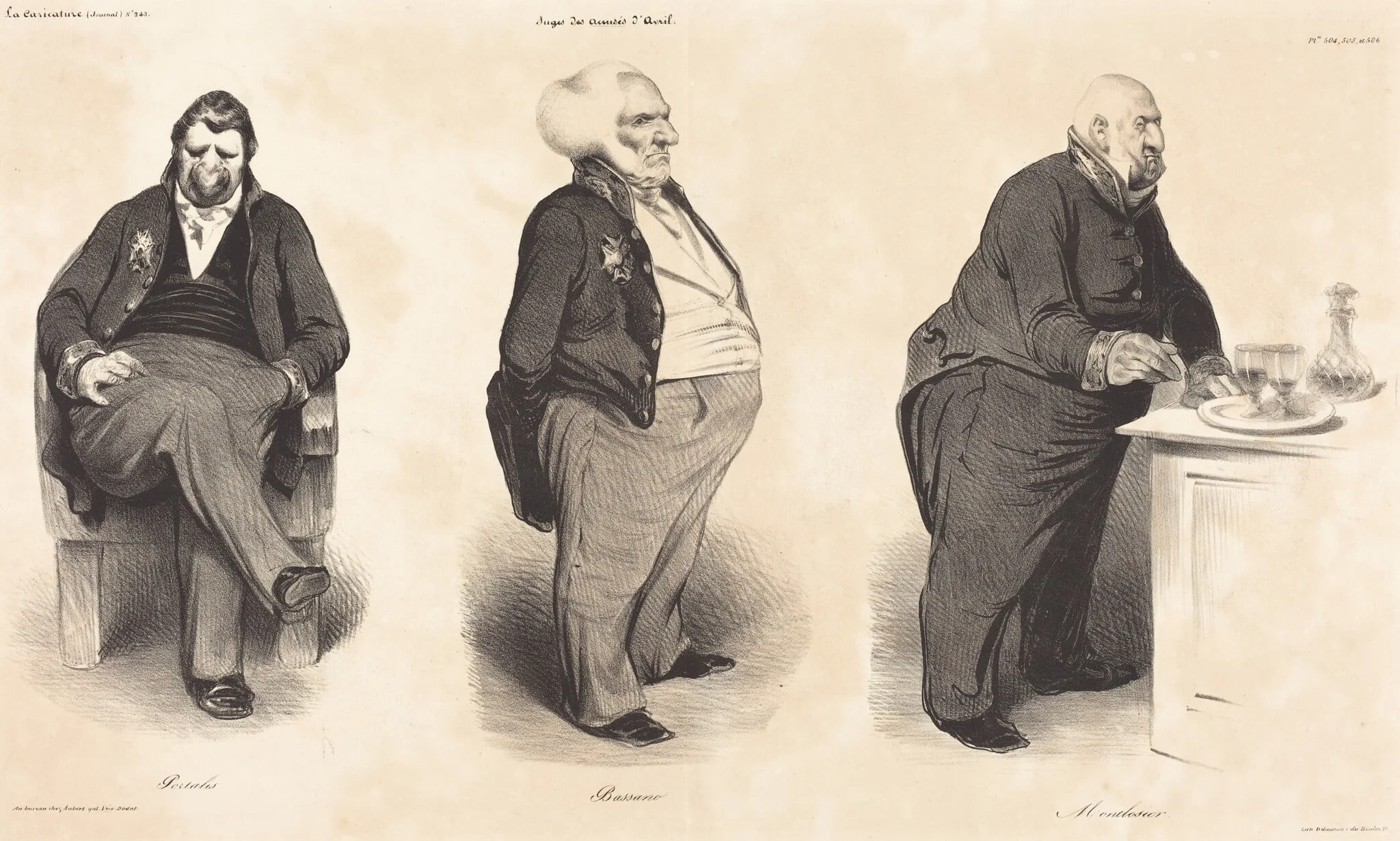Comte Portalis - Duc de Bassano - Comte de Montlosier, by Honoré Daumier, ink, 1835