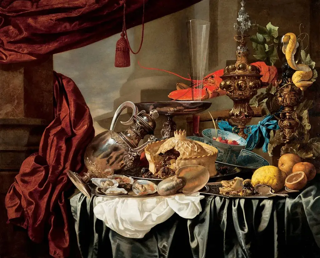 Opulent Still-Life with Silvergilt objects, Nautilus Shell, Porcelain, Pie, Fruit and Fish on a Draped Table