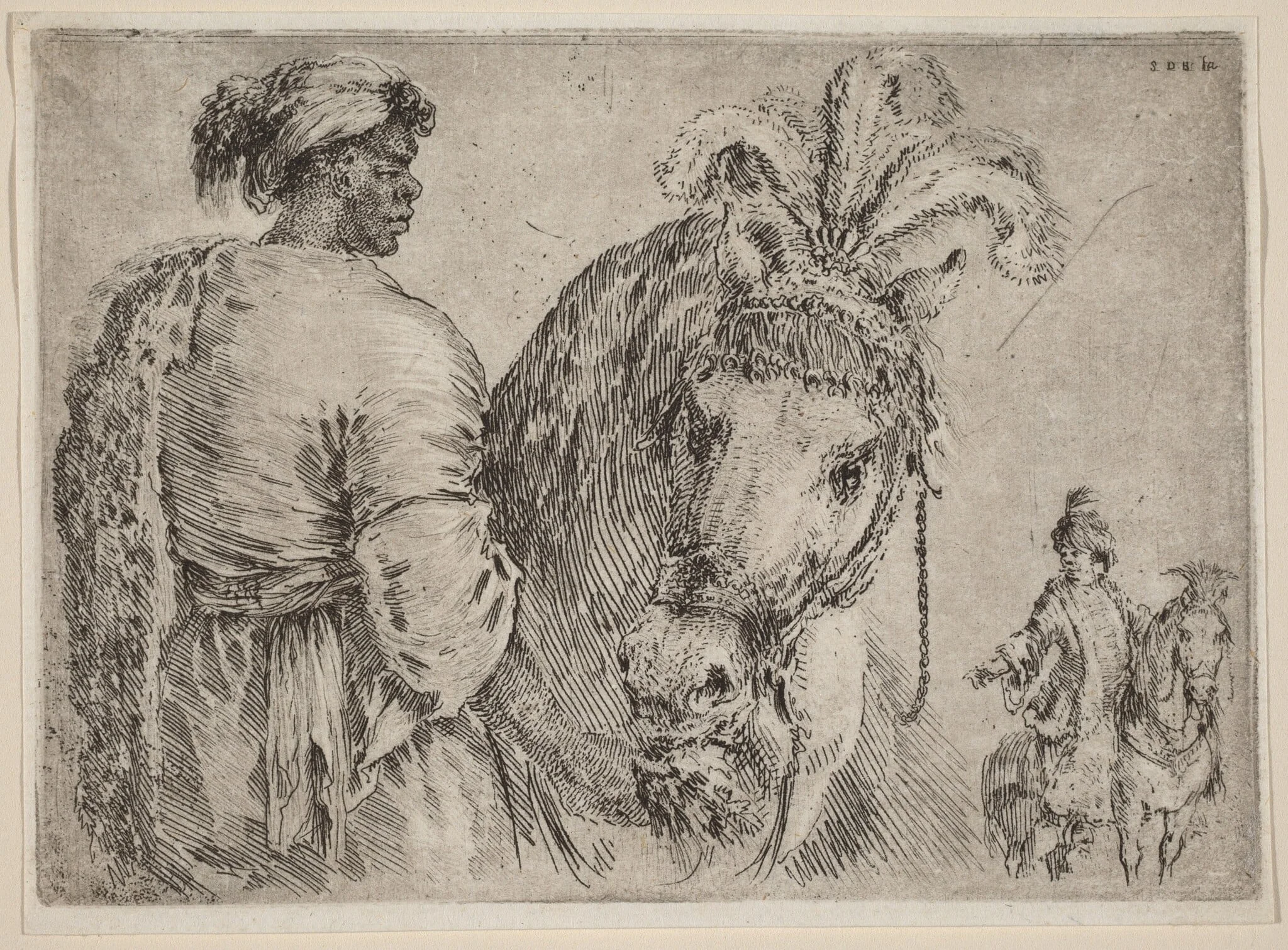 A Black Man Feeding a Horse, by Stefano Della Bella, ink, 1662
