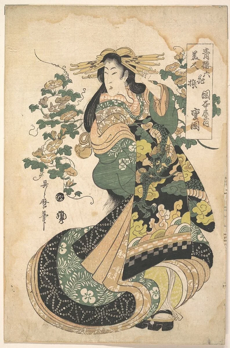 青楼美人　六花撰　岡本屋内　重岡|A Courtesan with Morning-glories on the Background, by Utamaro II, ink, 1723