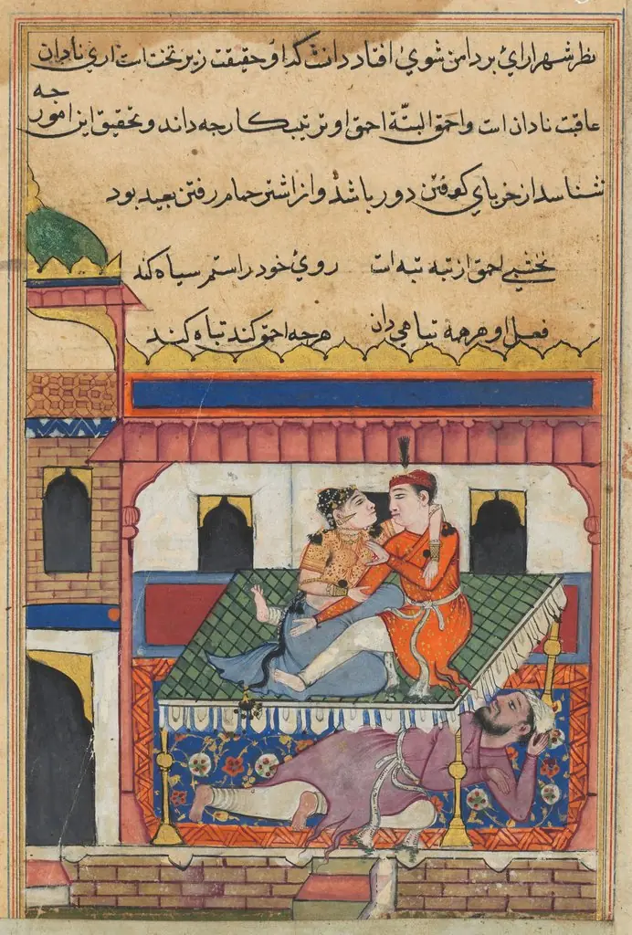 Shahr-Arai and her lover dallying on a bed beneath which is concealed her husband, from a Tuti-nama (Tales of a Parrot): Fortieth Night