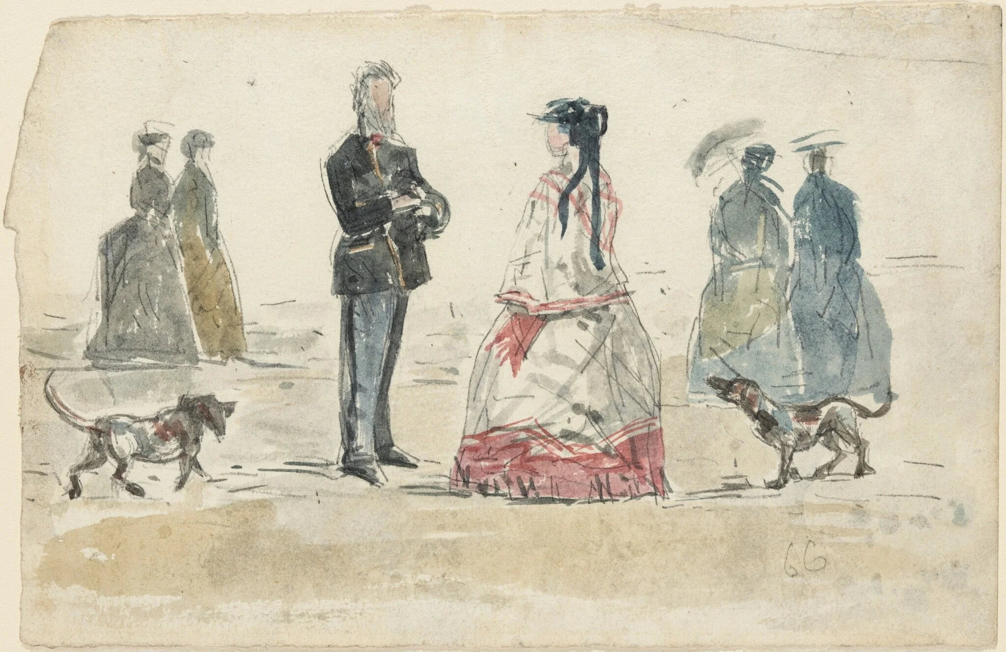 Ladies and Gentleman Walking on the Beach with Two Dogs, by Eugène Boudin, graphite, 1866