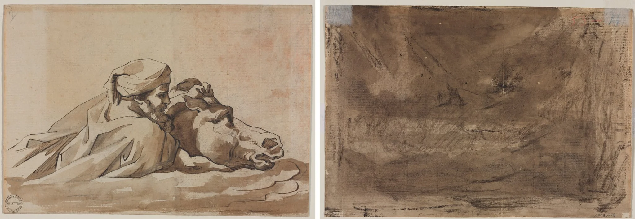 Man Clutching a Horse in Water, after Poussin's "Deluge" (recto); Compositional Study? (possibly for "Poussin's Deluge") (verso), by Théodore Géricault, 1816