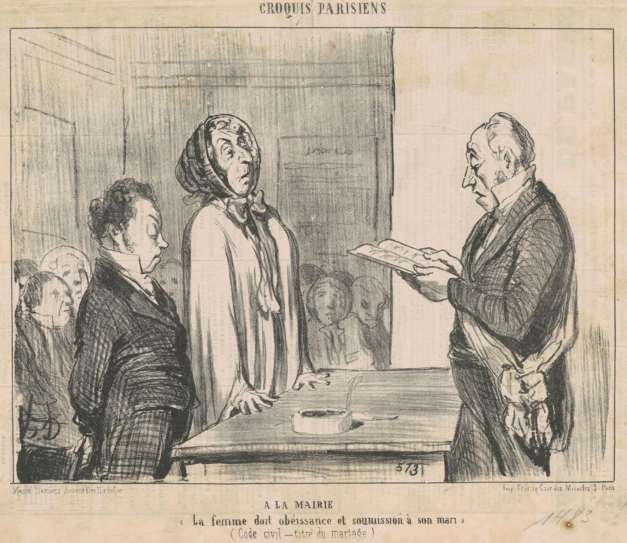 A la mairie ..., by Honoré Daumier, ink, 1854
