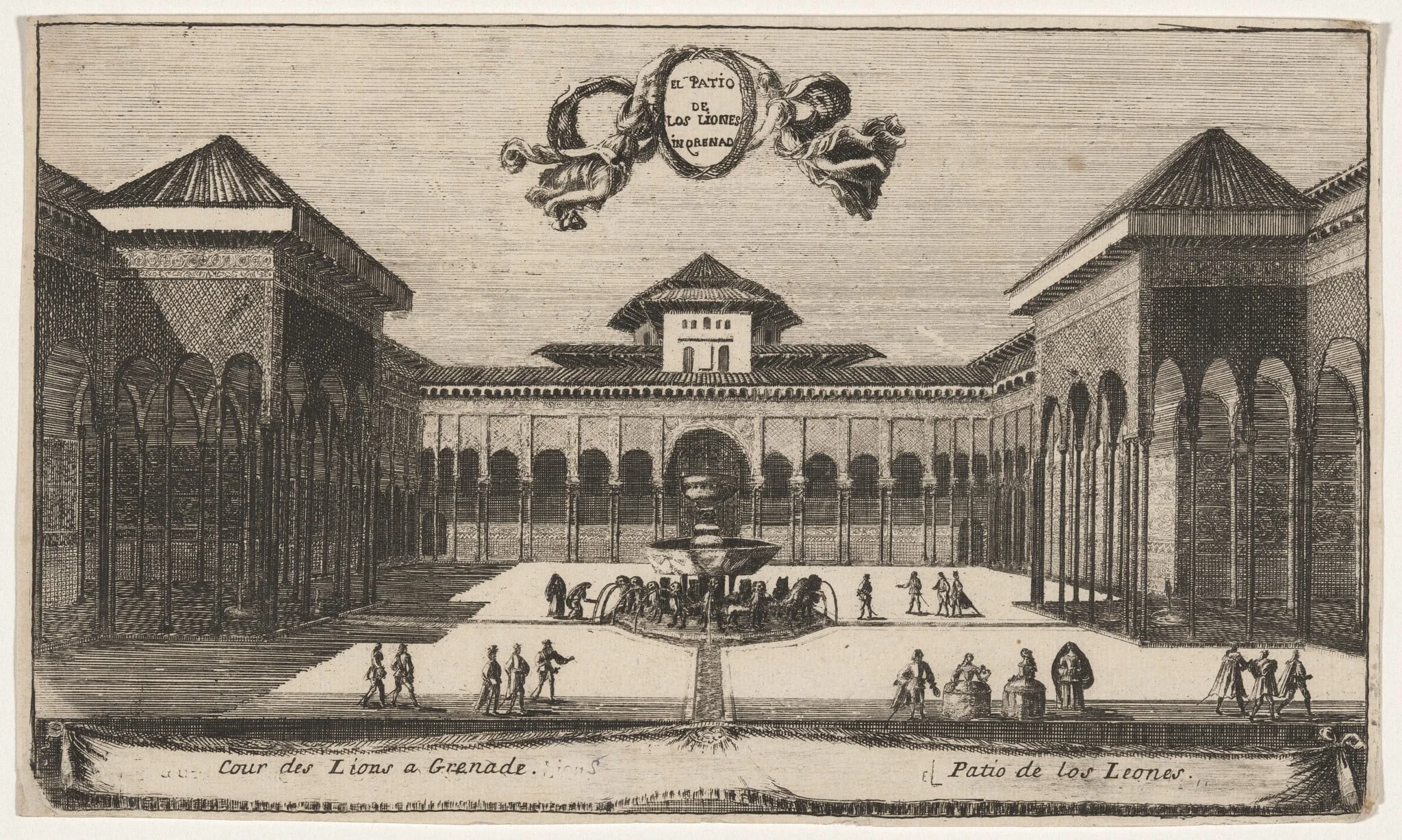 View into the Court of the Lions at the Alhambra, by Louis Meunier, ink, 1664