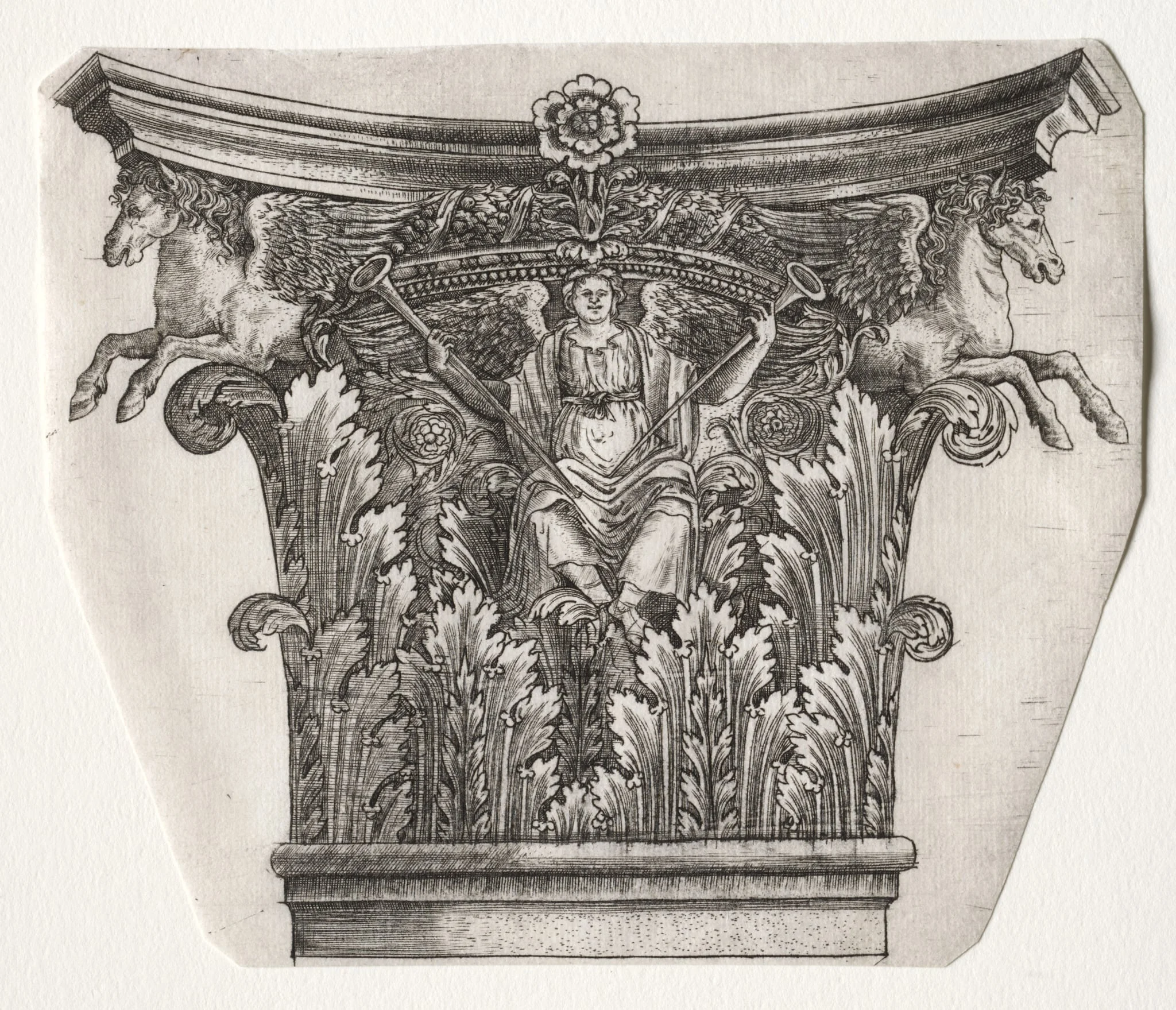 Base and Capital with Figure of Fame and Winged Horses, by Master G. A. with the man-trap, 1538