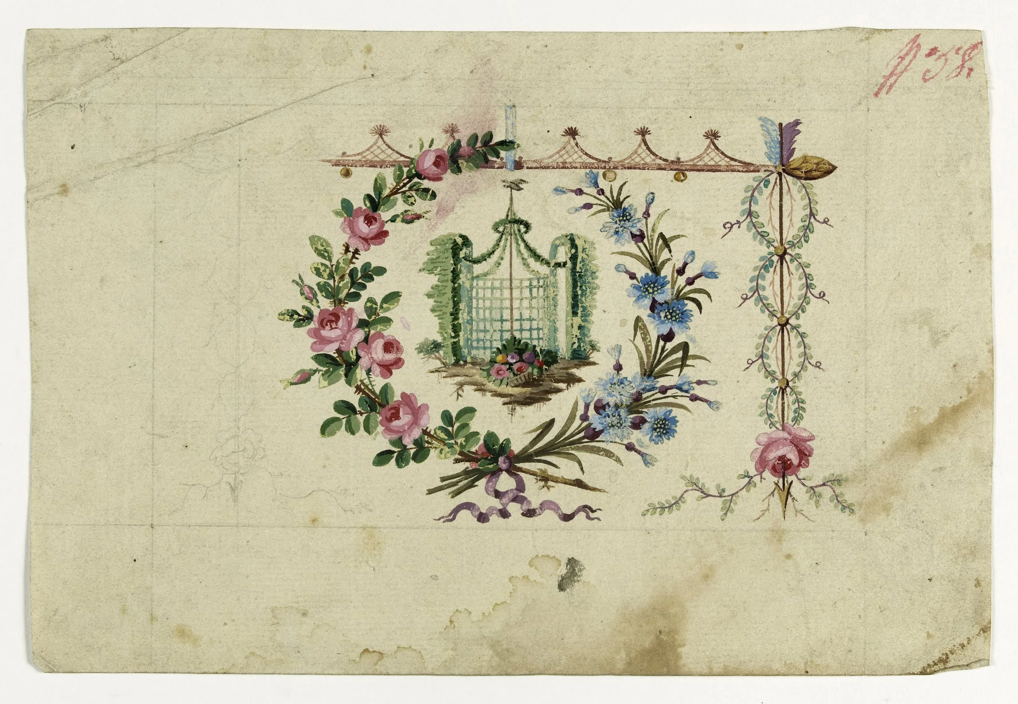 Kiosque entouré d'une guirlande, projets de broderies de gilet, XVIIIème siècle