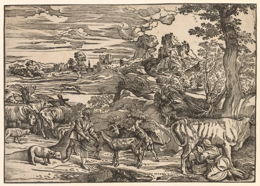 Landscape with a Milkmaid, by Niccolo Boldrini, 1525
