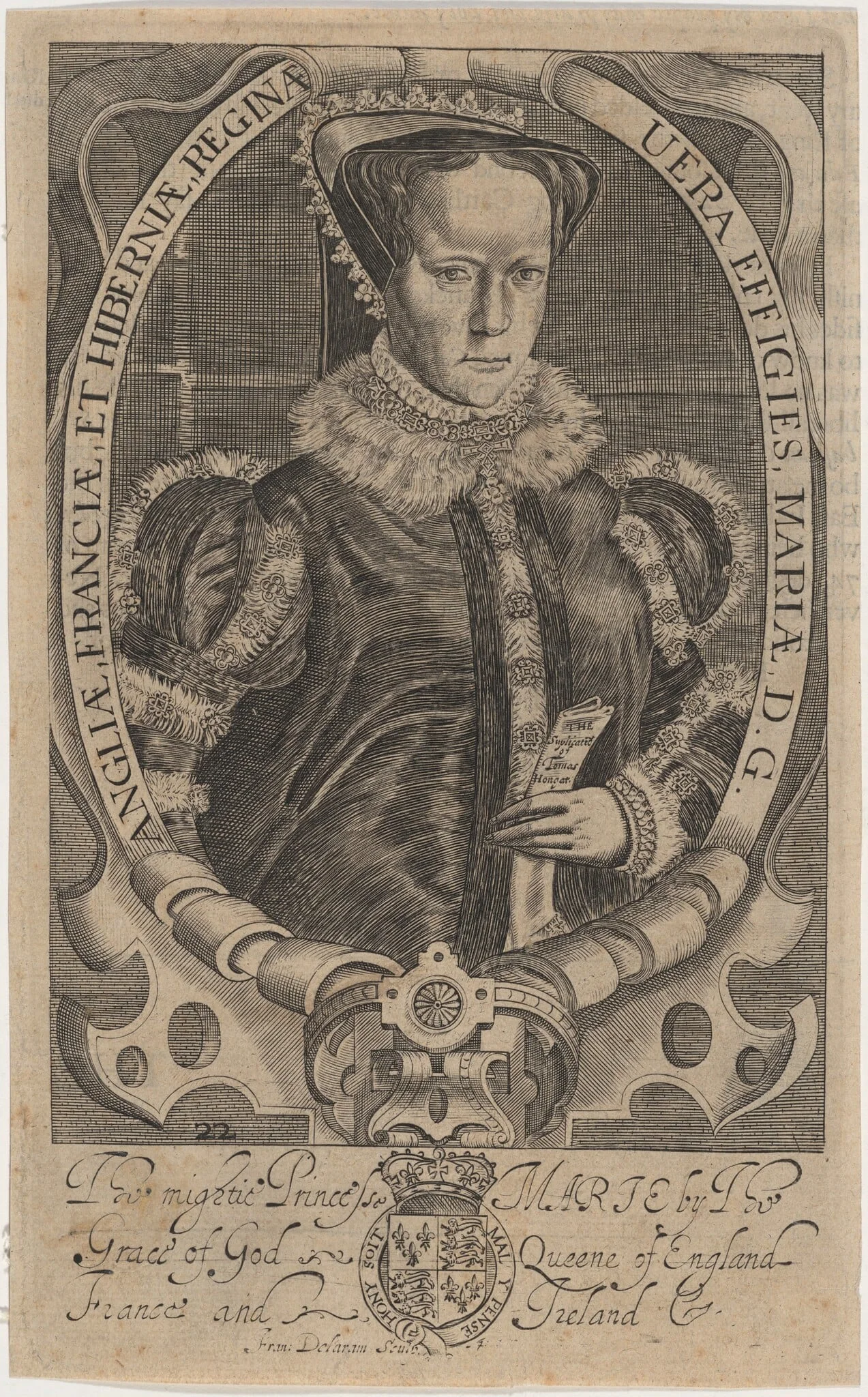 Mariae, D.G. Angliae, Franciae et Hiberniam Reginae (Mary I), by Francis Delaram, ink, 1608