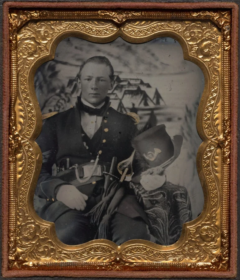 Civil War soldier with painted bivouac background, by Unknown, 1863