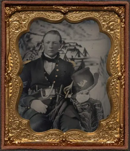 Civil War soldier with painted bivouac background