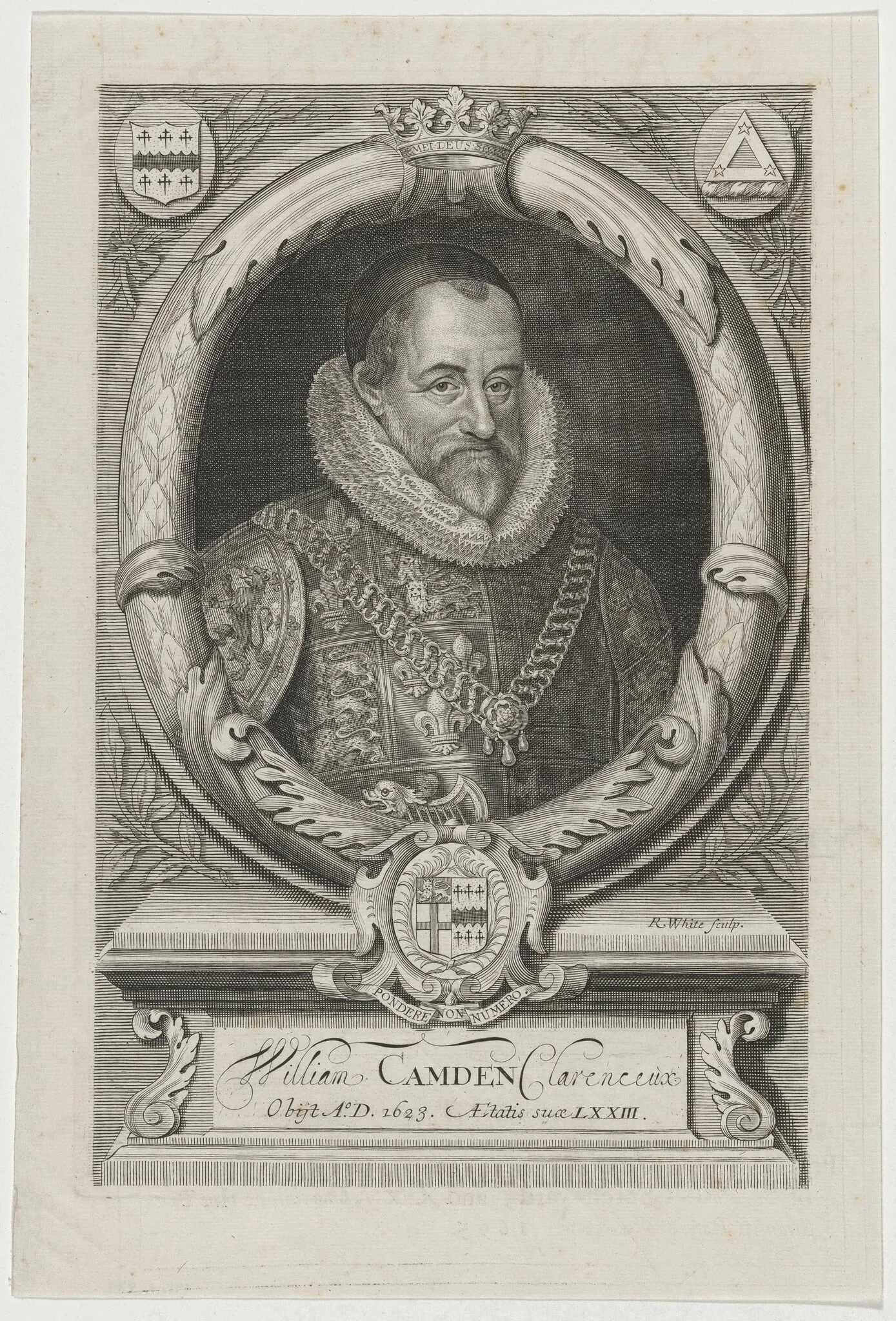 William Camden, by Robert White, ink, 1695