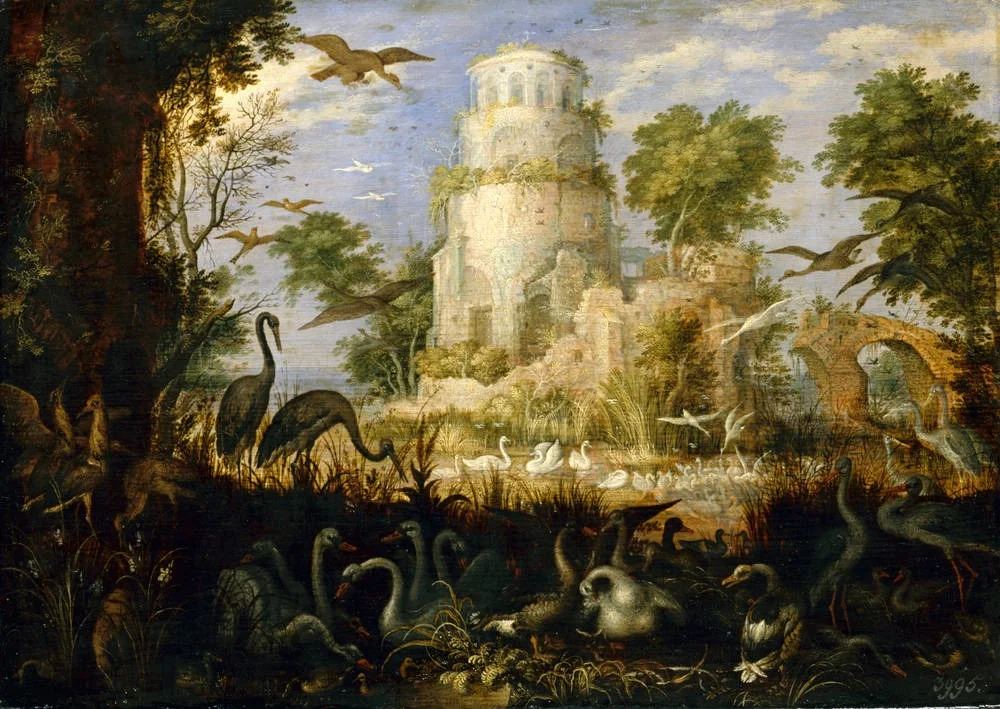 Tower Ruin at a Bird Pond, by Roelant Savery, unspecified, 1618