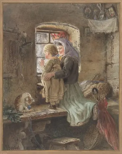 Young peasant girl and child at a window