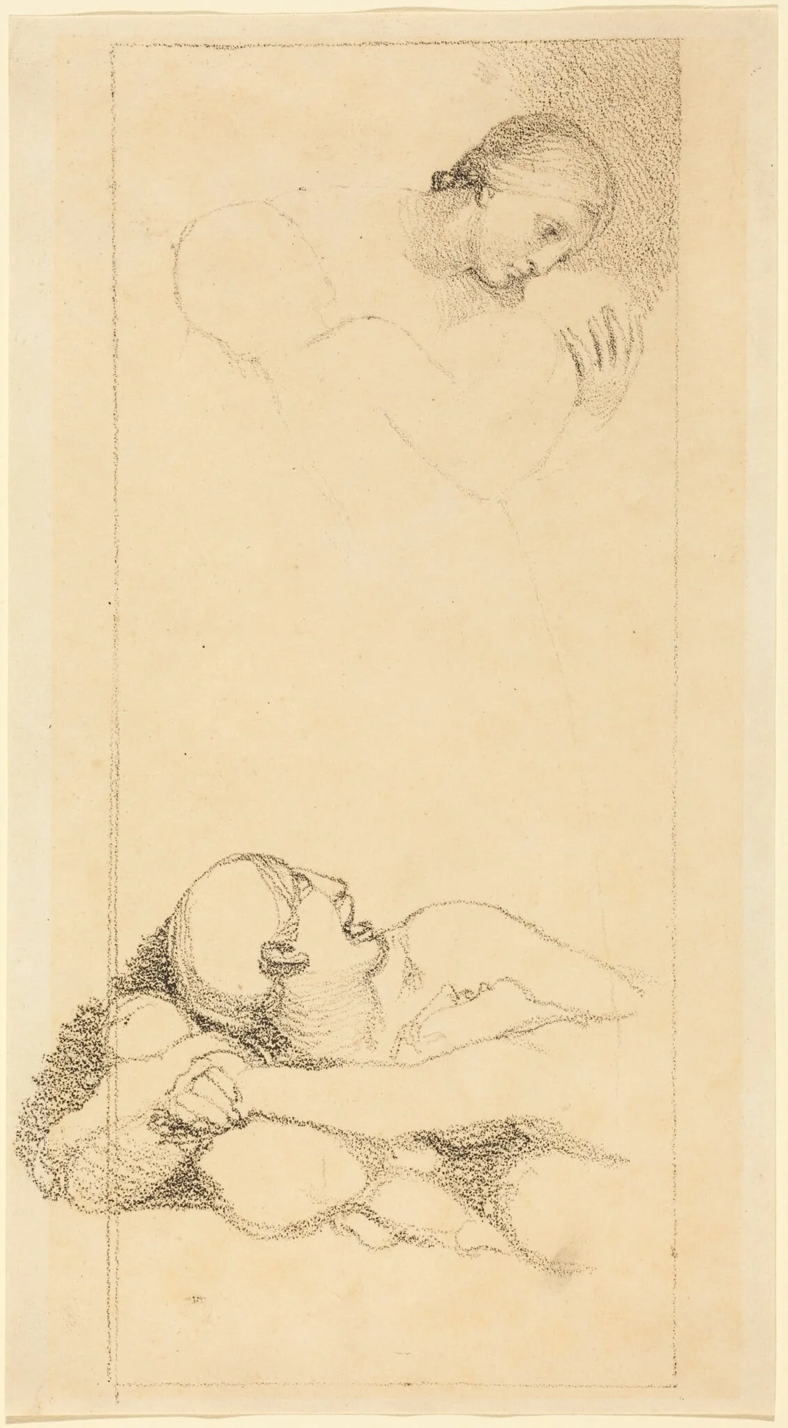 Frightened Man Looking Up; Woman and Children
