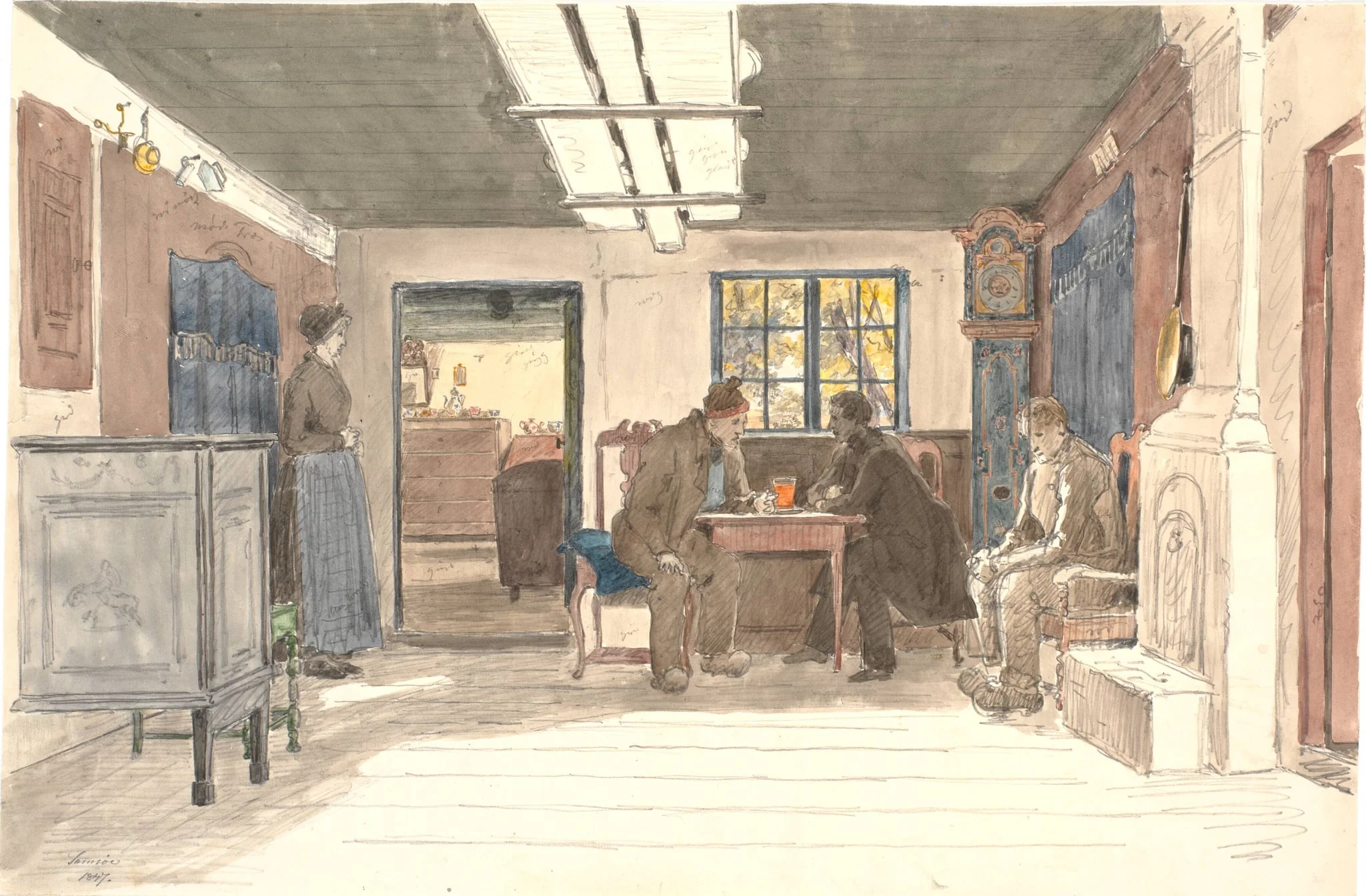 En bondestue på Samsø med en kone og tre mænd, by Unknown, unspecified, 1847