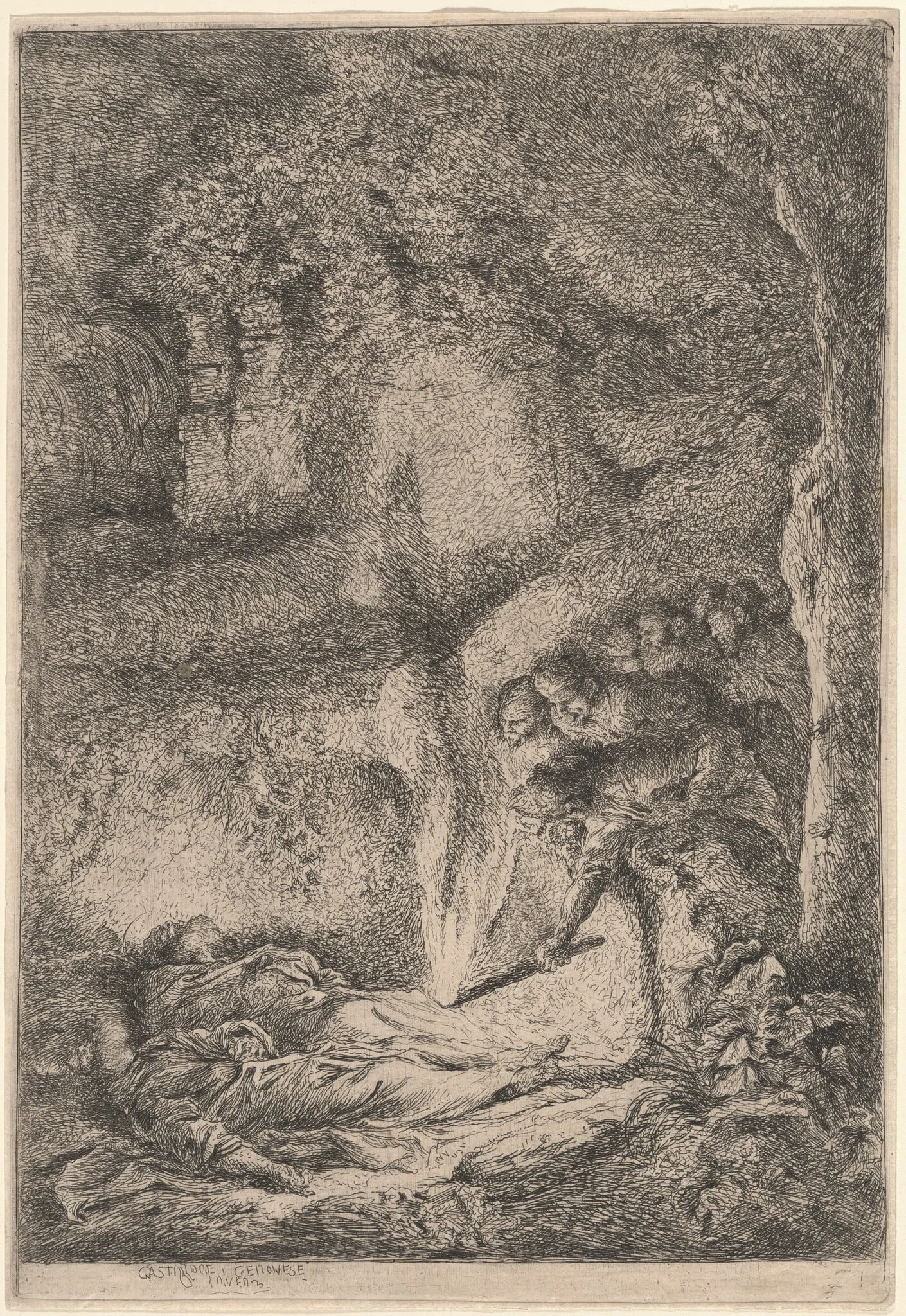 The Bodies of Saints Peter and Paul Hidden in the Catacombs, by Giovanni Benedetto Castiglione, ink, 1646